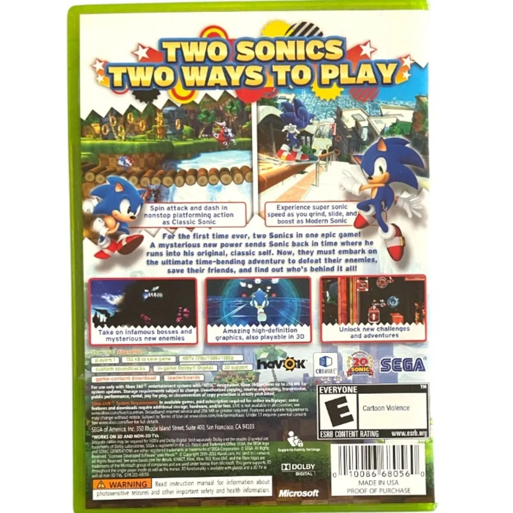 Sonic Generations (Microsoft‎ Xbox 360, 2011) Complete with Manual CIB